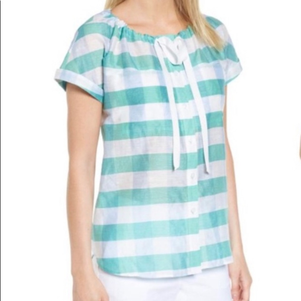 Nordstrom Signature Plaid Button Linen/Silk Blouse